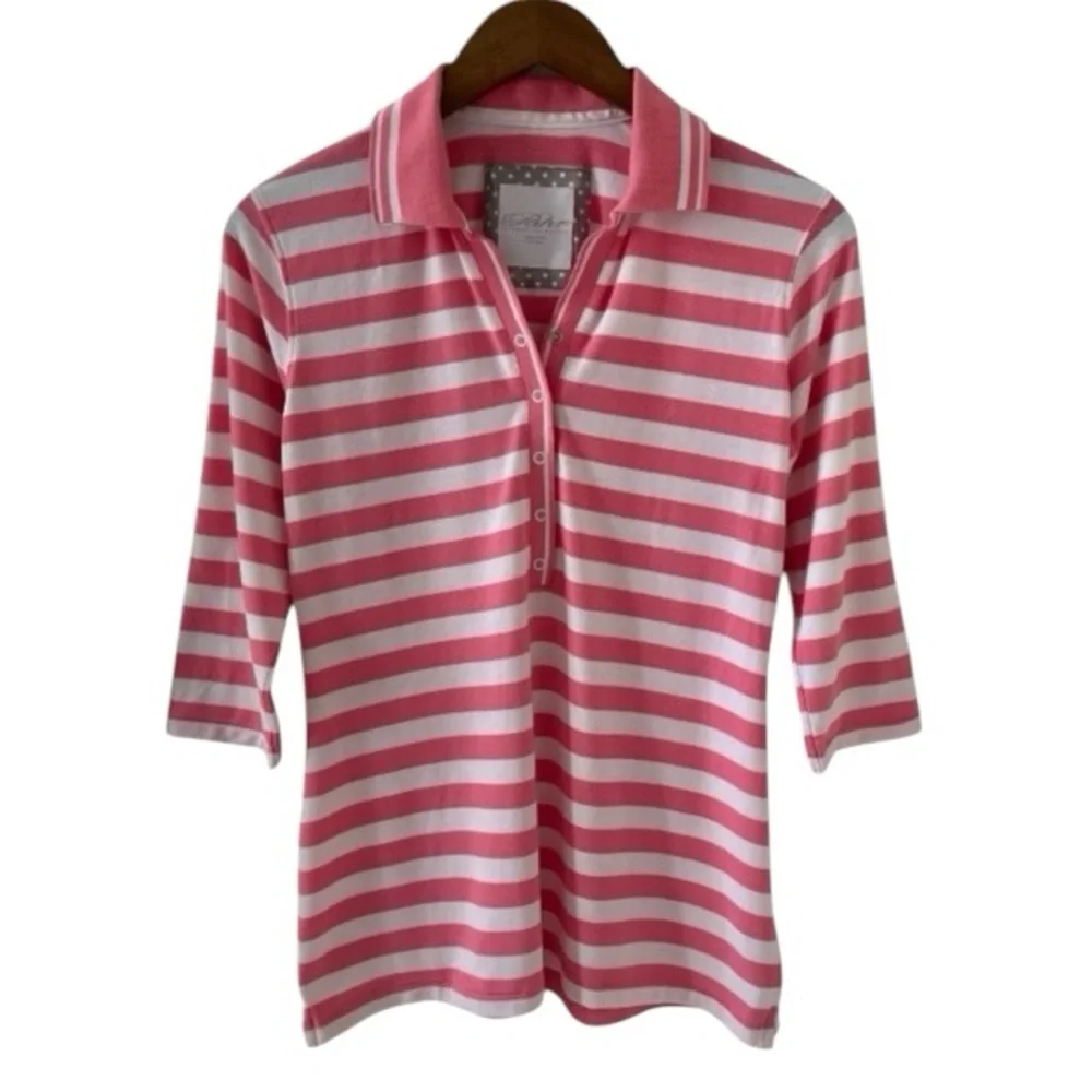Pahr Fairway Essentials Pink and White Stripe 3/4 Sleeve Polo Shirt Size Large - Picture 2 of 5